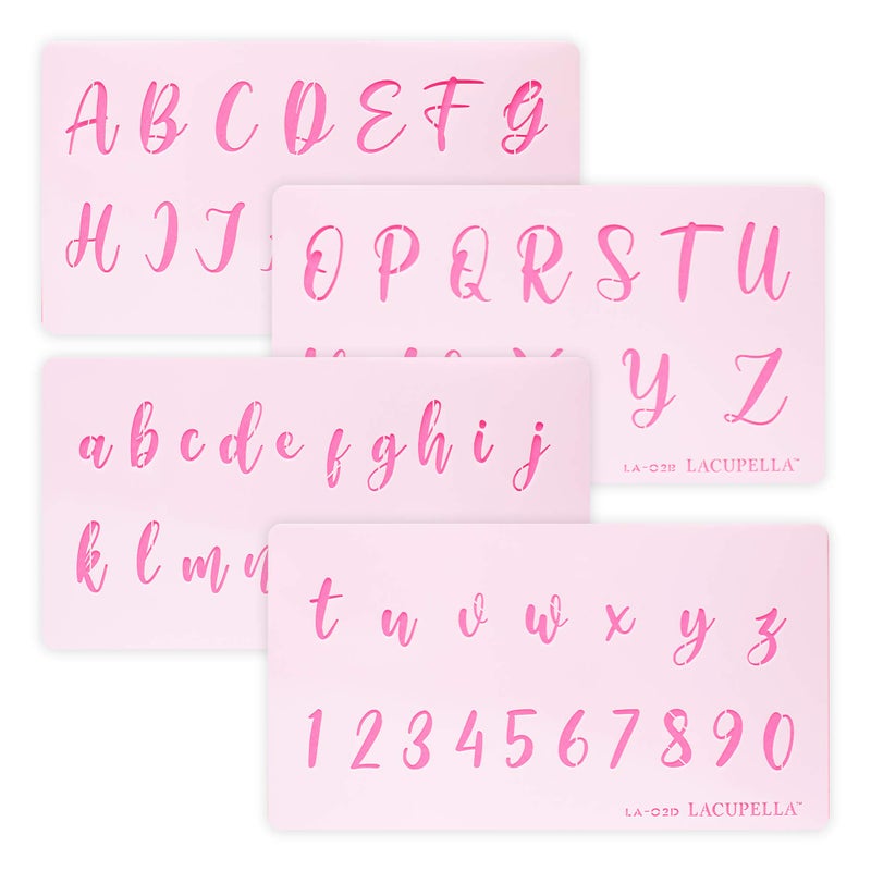 Lacupella Calligraphy Cake Stencil Cursive Alphabet Letter Number Writing 1.5 Inch Set of Four Upper and Lower Case - for Cake Wood Canvas Airbrush Art and Craft Painting - Image 1